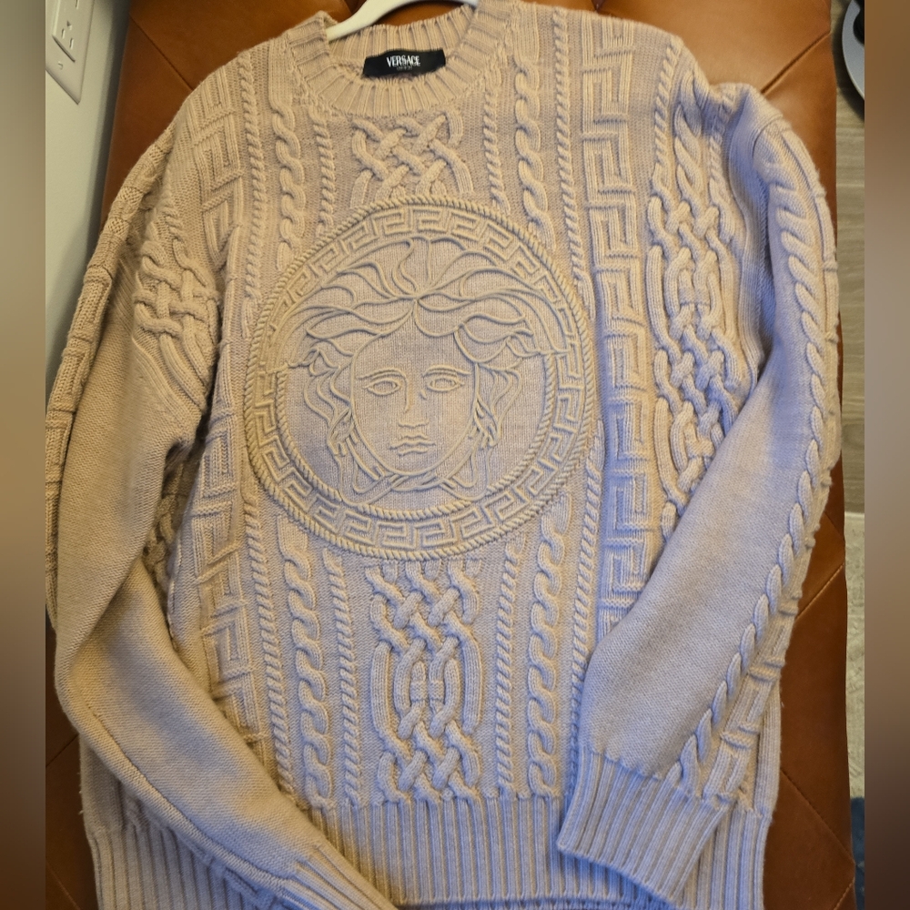 Versace Cream Cable Knit Sweater with Medusa Design
